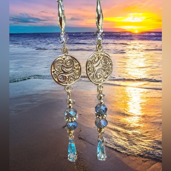 Gold and Iridescent Crystals  Earrings-14k Gold Plated Hooks - Picture 1 of 5